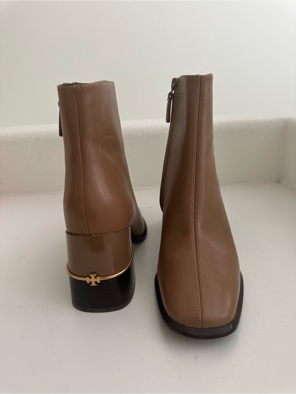Tory Burch Tan Leather Ankle Booties with Gold Logo Heel Accent